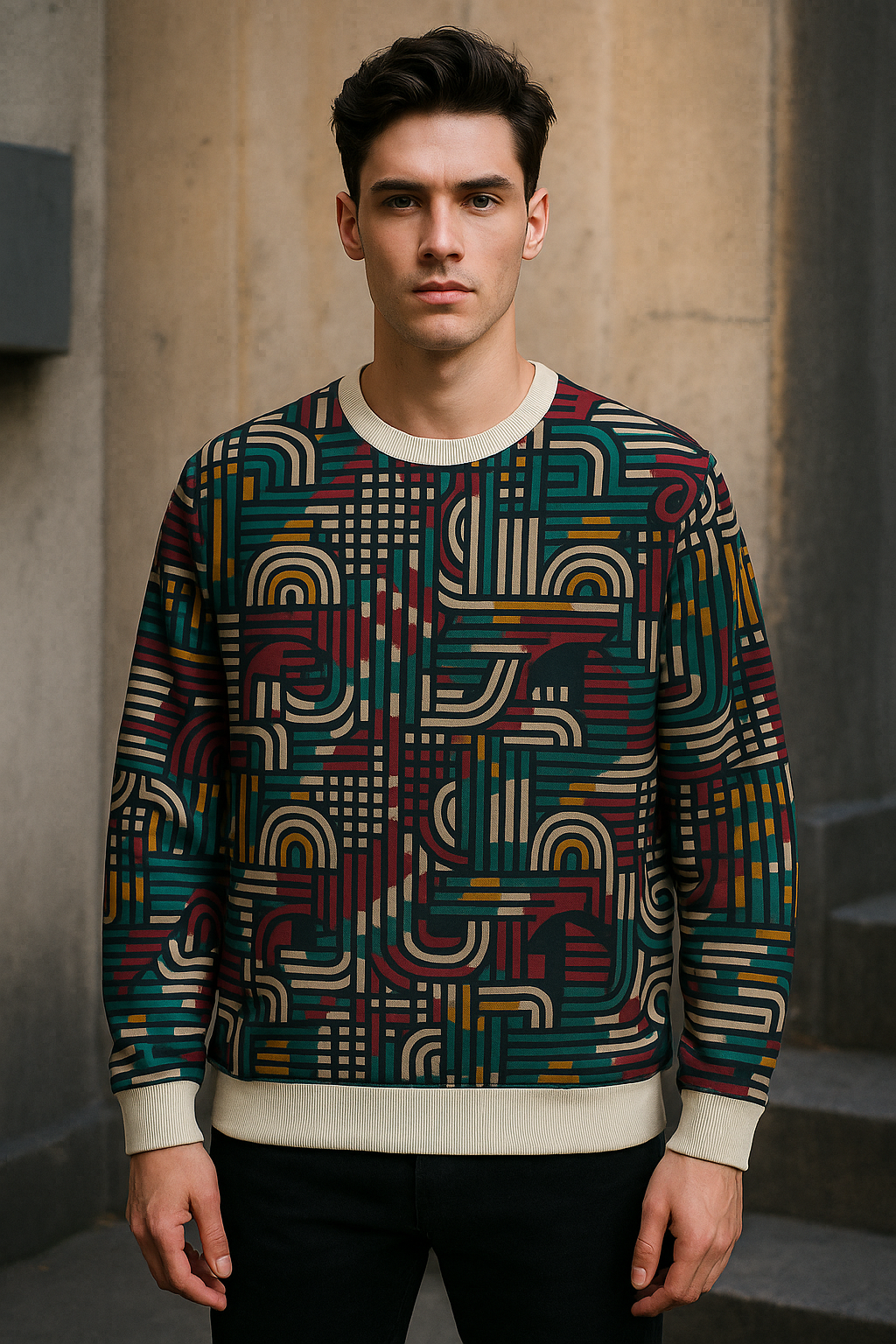 Retro Geometric Pattern Sweatshirt – Vintage Abstract Unisex Pullover | 70s-Inspired Streetwear Crewneck