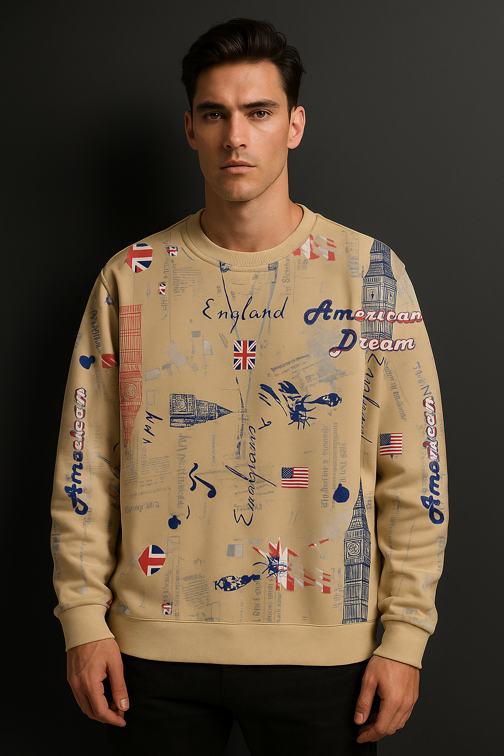 England x American Dream Sweatshirt – Vintage Travel Print Unisex Crewneck | Big Ben, UK & USA Flag Retro Pullover