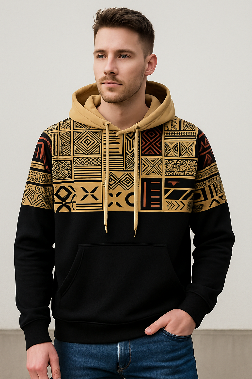 Tribal Geometric Patchwork Hoodie – Black & Tan Ethnic Pattern Pullover for Men