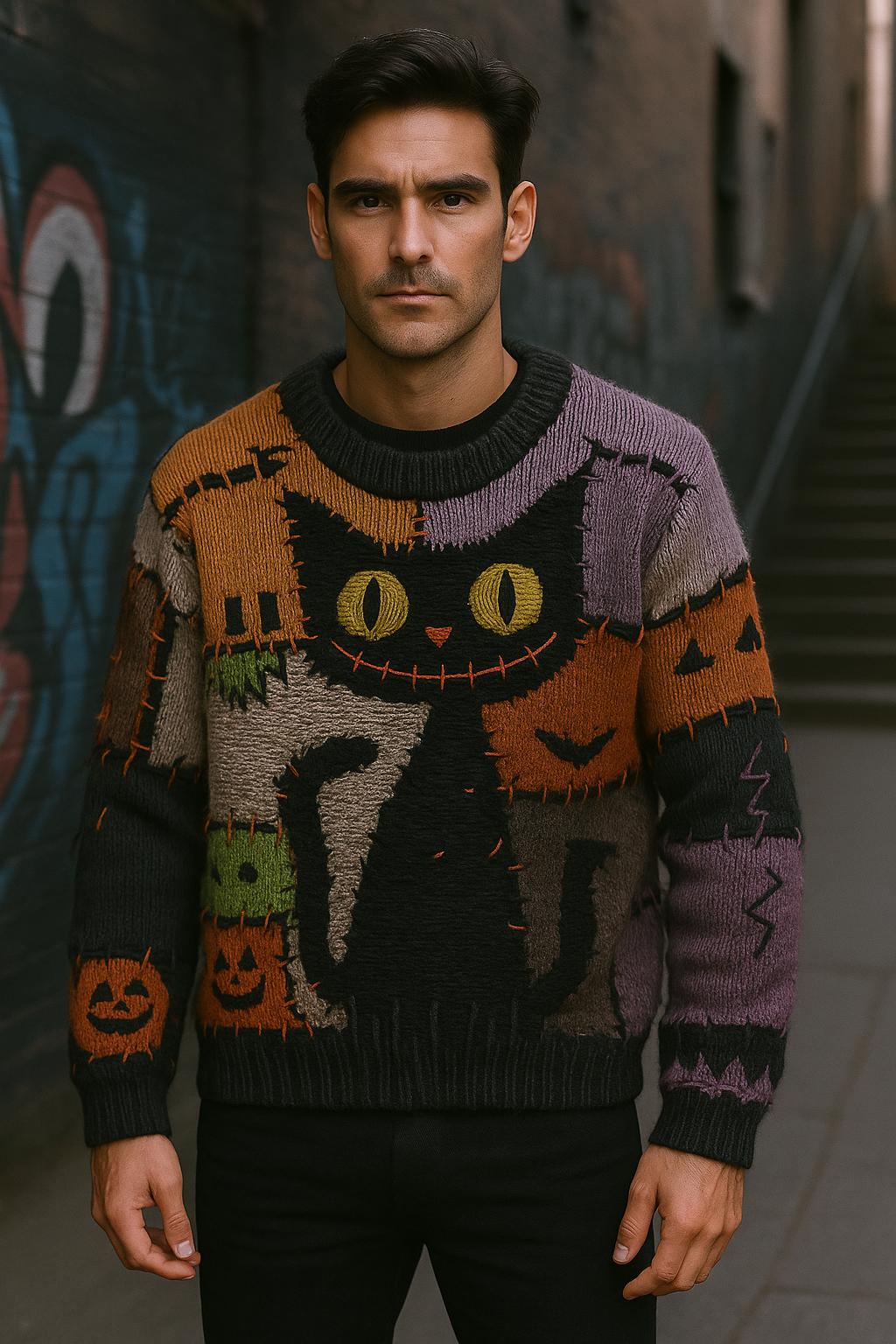 Patchwork Black Cat Halloween Sweater – Colorful Spooky Knit Jumper | Unisex Cozy Fall Pullover