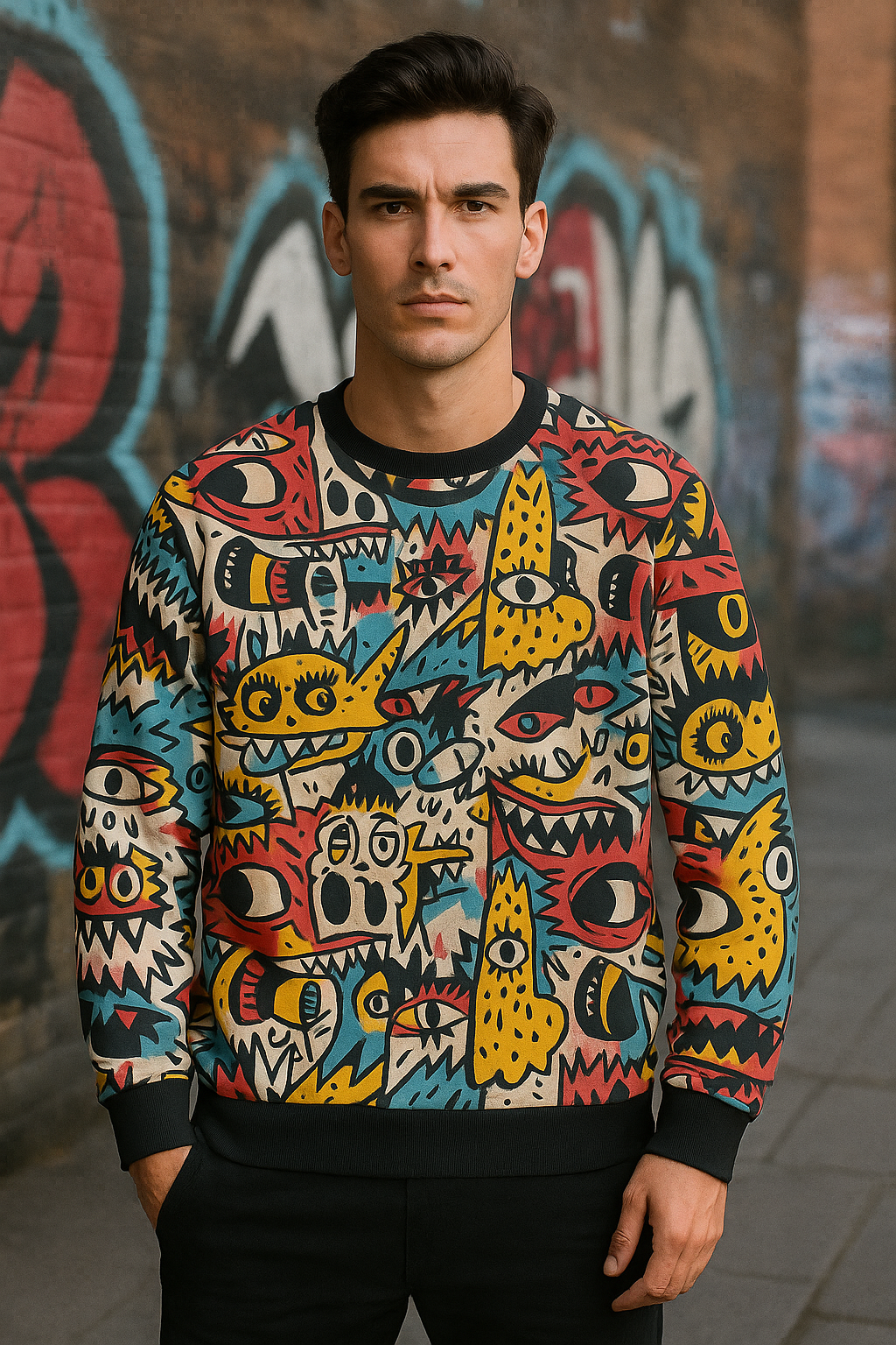 Abstract Monster Art Sweatshirt – Colorful Graffiti Creature Print Unisex Pullover | Streetwear Graphic Crewneck