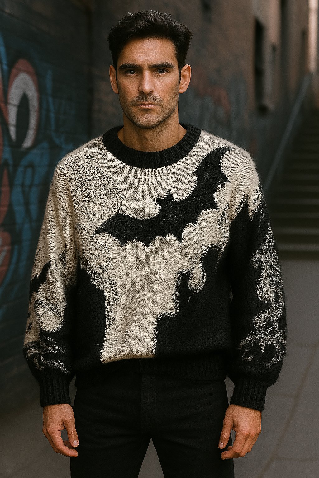 Black & Cream Bat Sweater – Gothic Halloween Knit Pullover | Unisex Spooky Aesthetic Sweater