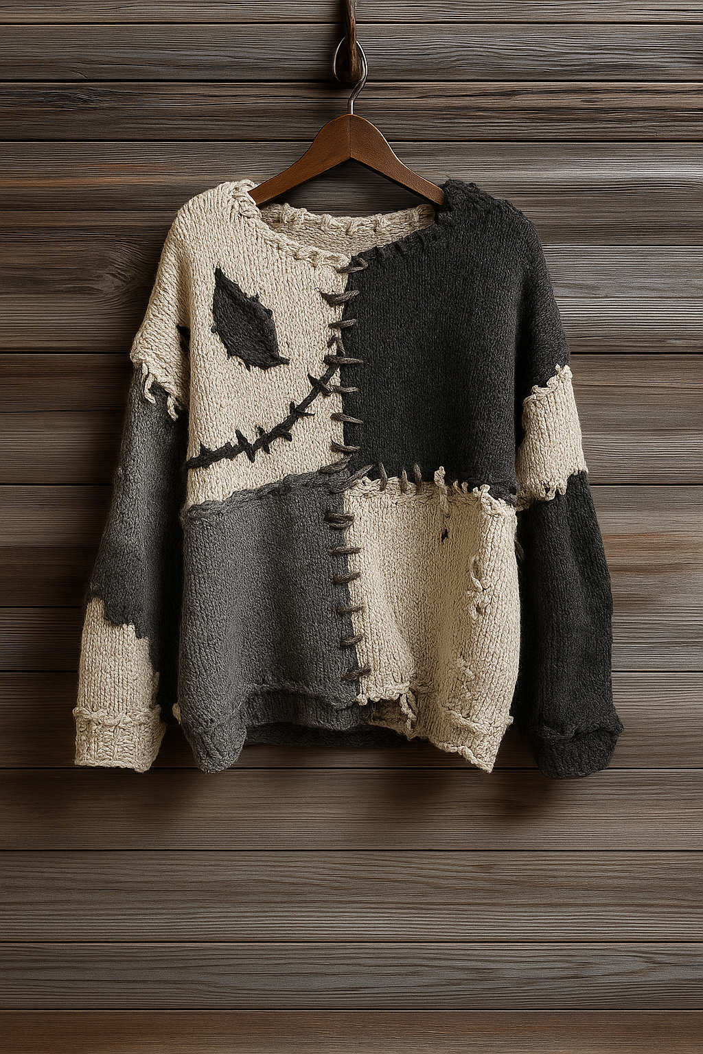 Patchwork Skeleton Smile Sweater – Distressed Grunge Knit | Two-Tone Halloween Pullover | Unisex Spooky Cozy Fall Sweater