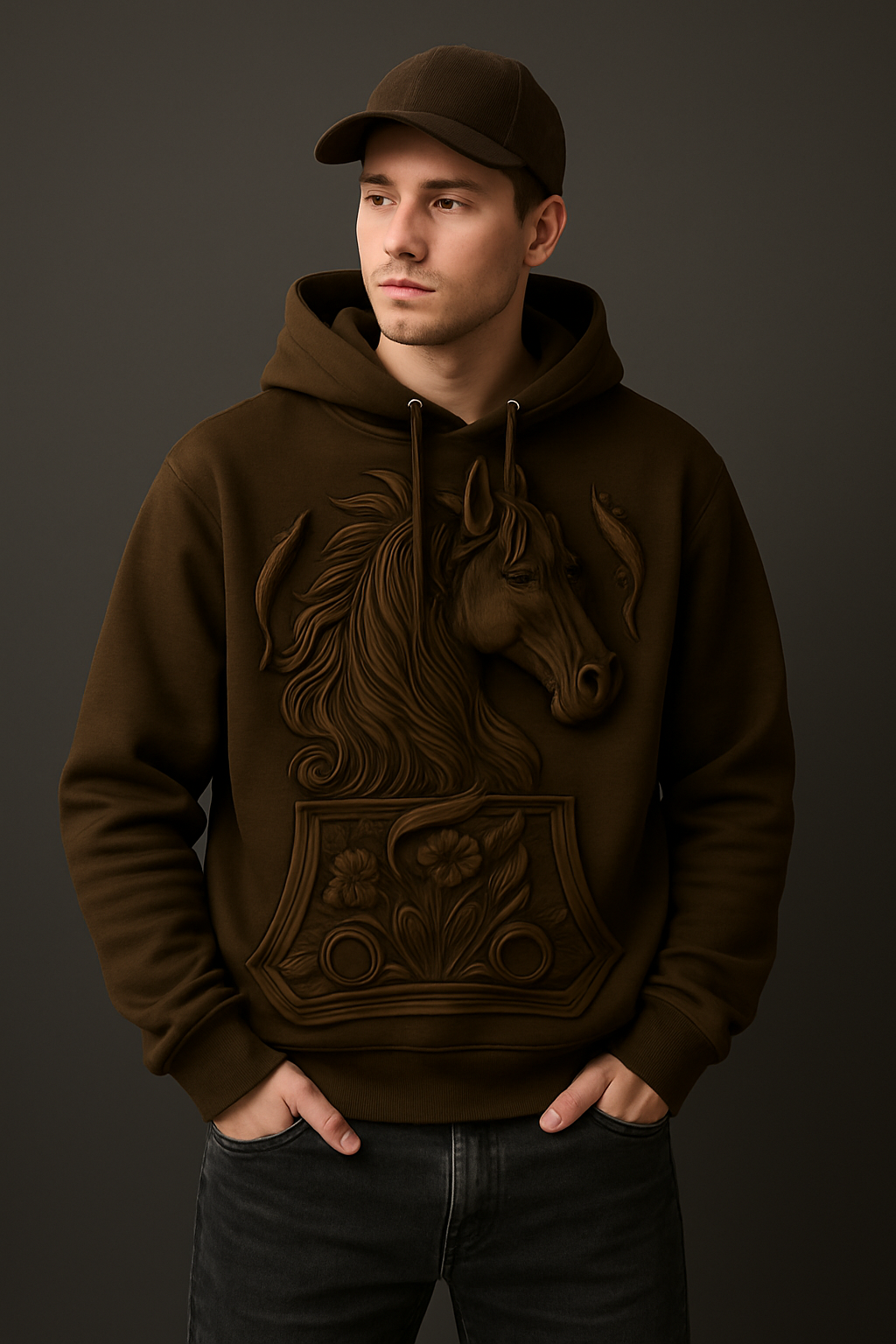 3D Embossed Horse Hoodie – Vintage Western Brown Carved Leather-Style Sweatshirt