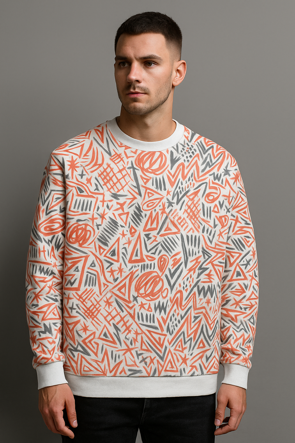 Abstract Chaos Art Sweatshirt – Red & Grey Patterned All-Over Print Unisex Crewneck | Artistic Streetwear Pullover