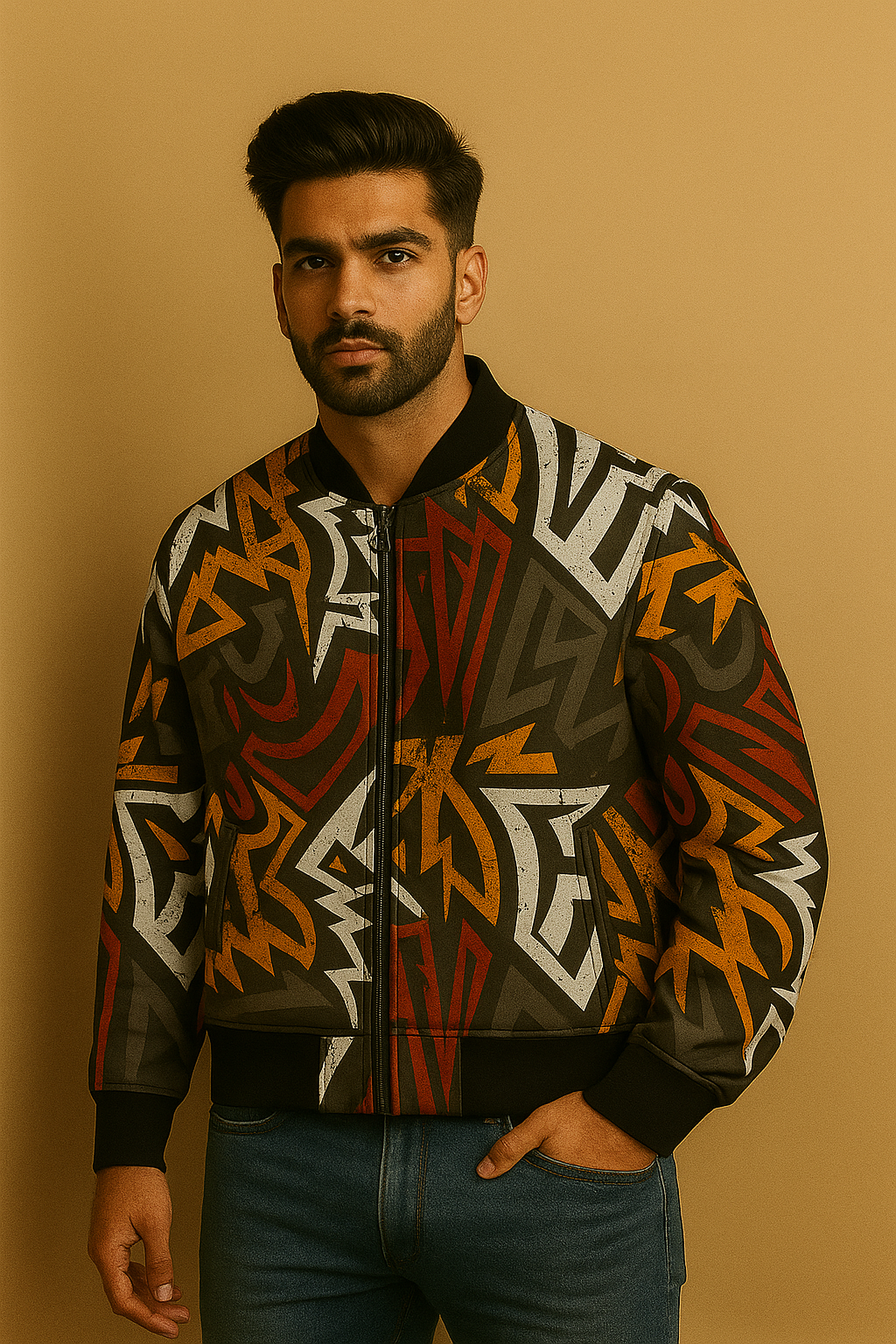 Unisex Abstract Graffiti Bomber Jacket – Bold Streetwear Zip-Up Jacket (Black/Red/Yellow/White)