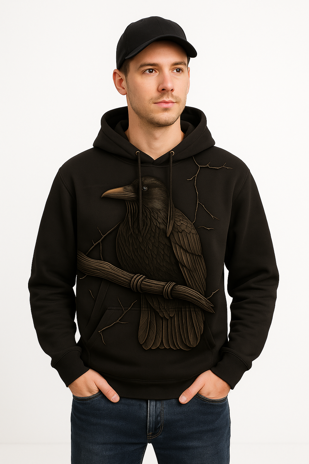 Black Raven Hoodie – 3D Carved Raven Artwork Pullover | Gothic Crow Hoodie for Dark Aesthetic Fashion