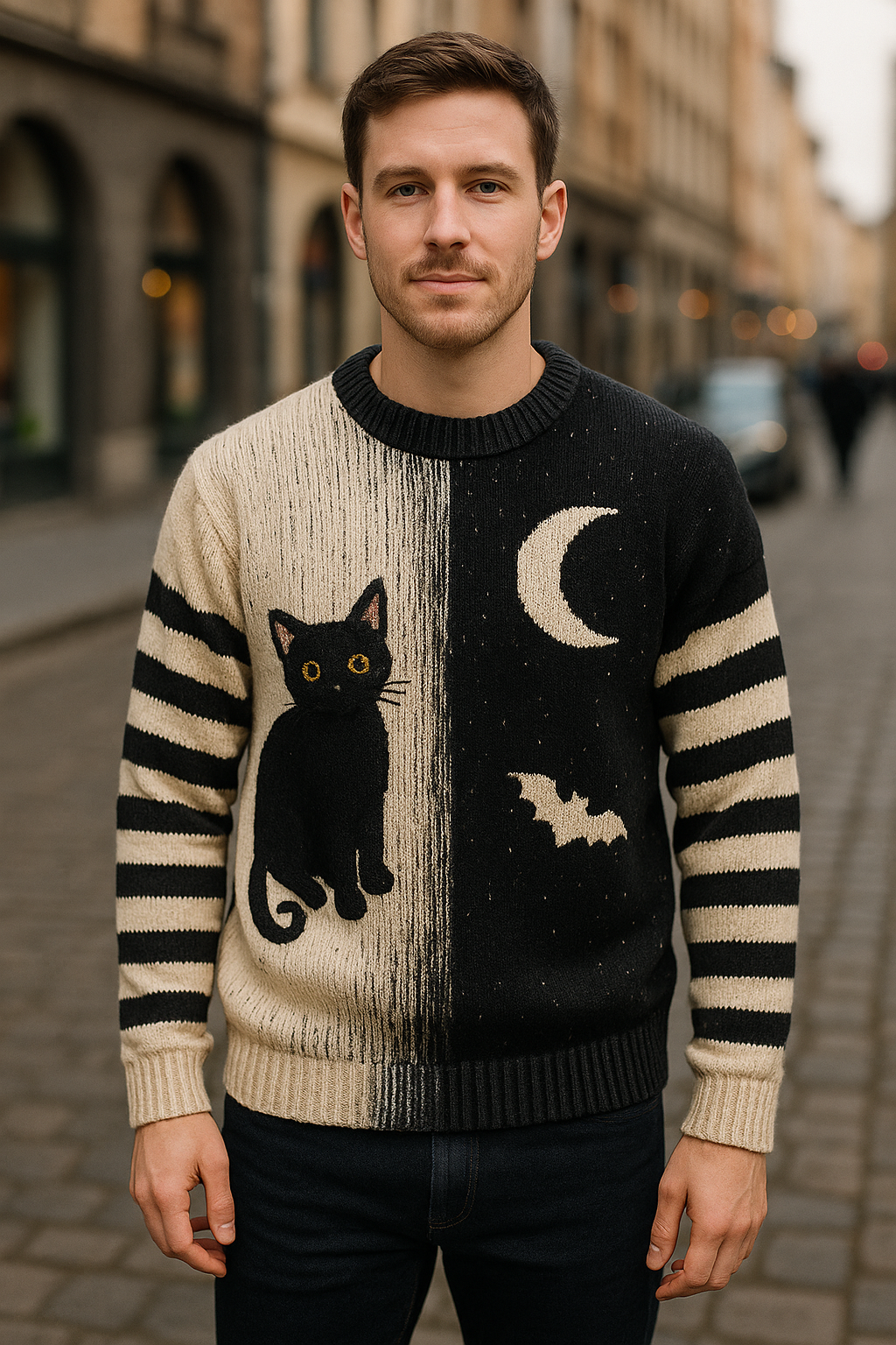 Black Cat & Moon Knit Sweater – Striped Sleeves | Halloween Aesthetic | Cozy Vintage-Style Pullover | Unisex