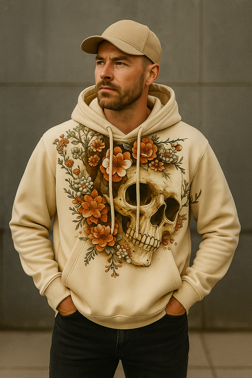 Vintage Floral Skull Hoodie – Beige Gothic Aesthetic Sweatshirt with Artistic Skull & Flowers Design