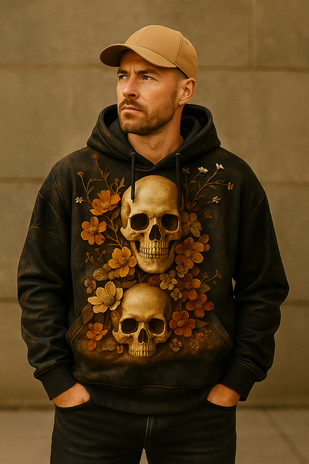 Gothic Skull & Floral Hoodie – Dark Aesthetic 3D Vintage Flower Skeleton Sweatshirt