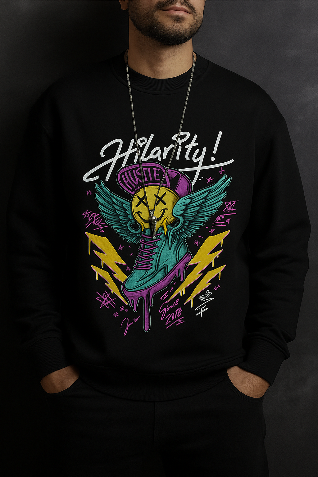Hilarity Hustle Streetwear Sweatshirt – Neon Winged Sneaker Graphic Pullover | Unisex Black Hip-Hop Style