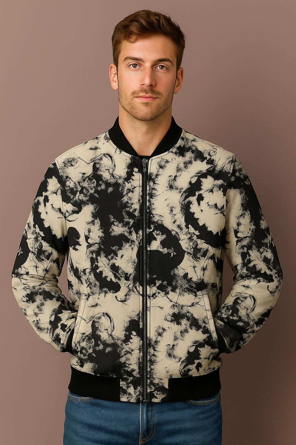 Black & Cream Abstract Ink Wash Bomber Jacket – Artistic Streetwear Zip-Up | Unisex Modern Painterly Jacket