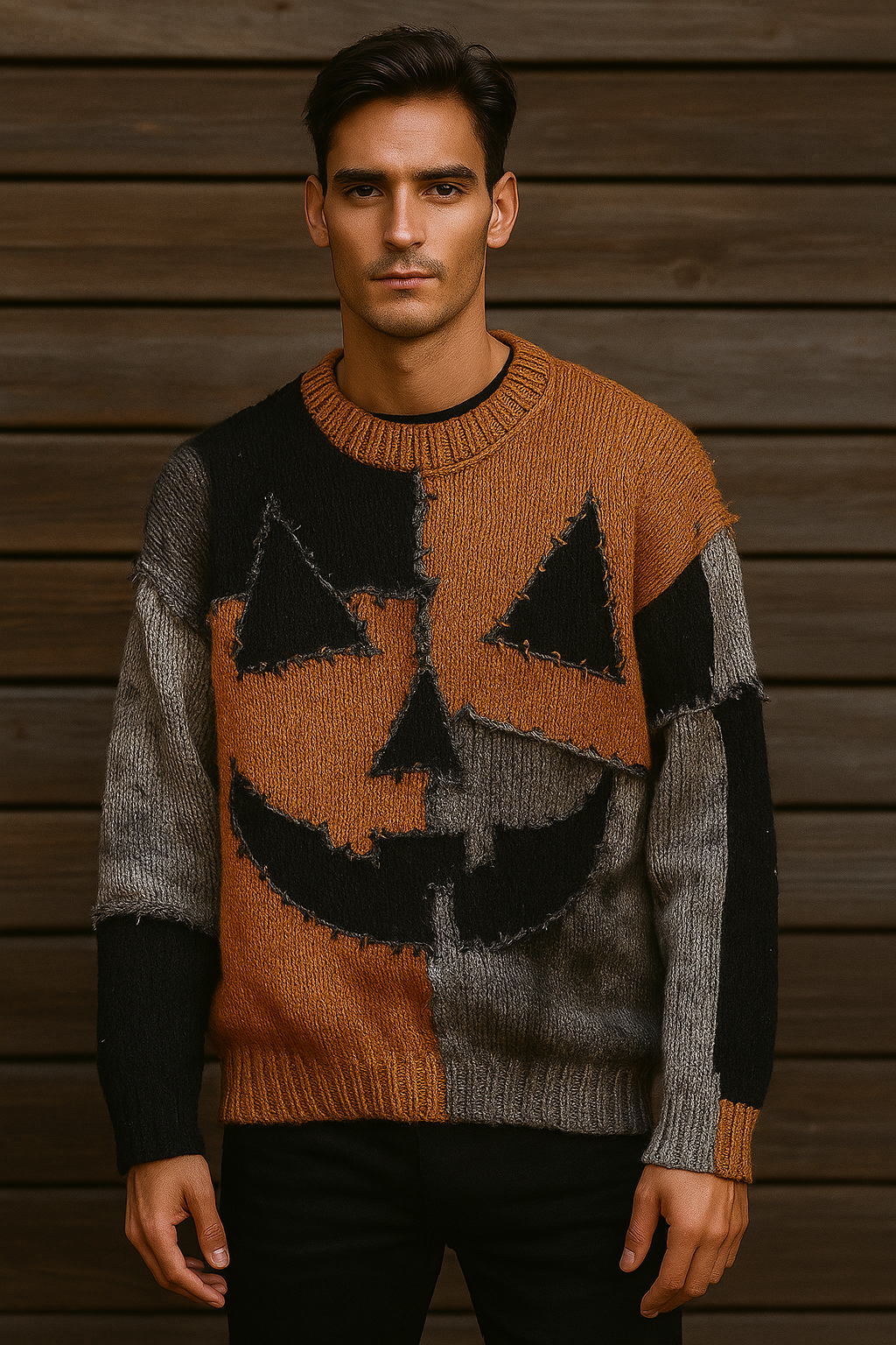 Distressed Jack-O’-Lantern Sweater – Pumpkin Face Halloween Knit | Patchwork Fall Pullover | Unisex Spooky Sweater