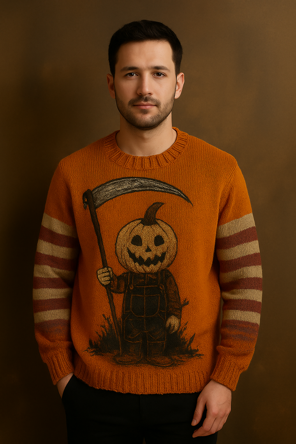 Pumpkin Reaper Halloween Sweater – Vintage Grunge Knit | Jack-O’-Lantern Scarecrow Pullover | Spooky Fall Unisex Sweater
