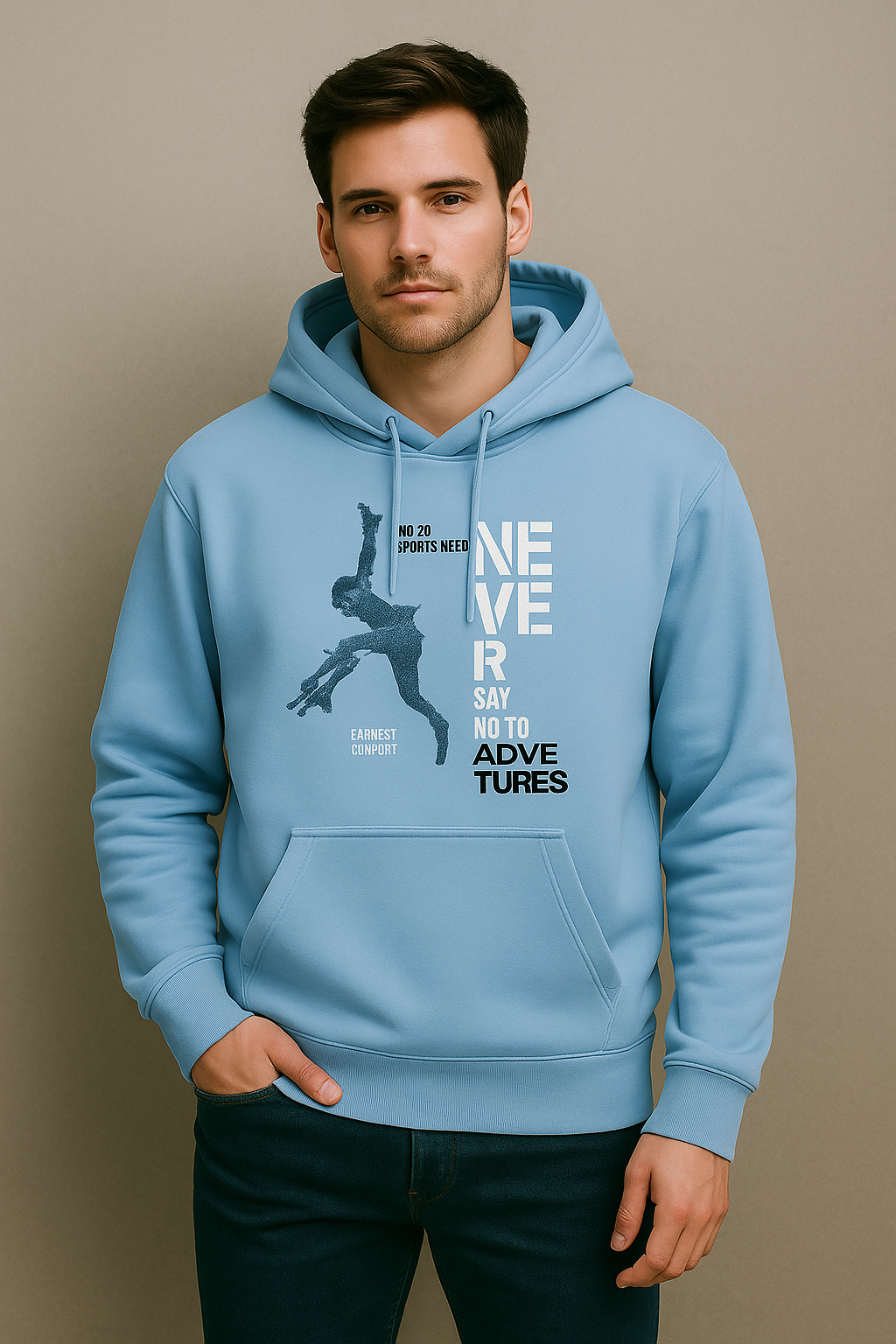 Sky Blue Adventure Graphic Hoodie – “Never Say No to Adventures” Skateboard Print Sweatshirt