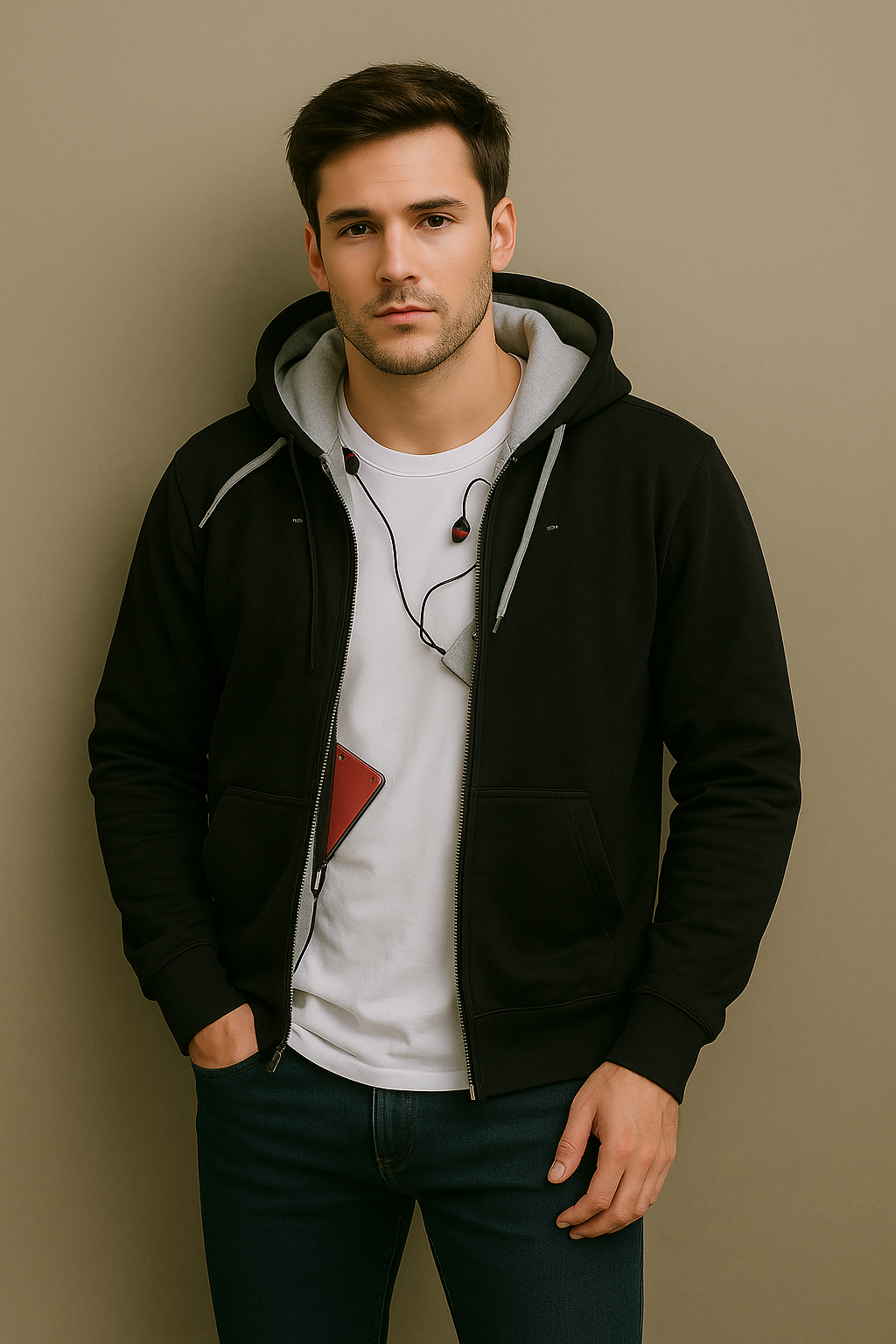 Men’s Dual-Layer Tech Zip Hoodie – Classic Black Athletic Jacket with Media Pocket