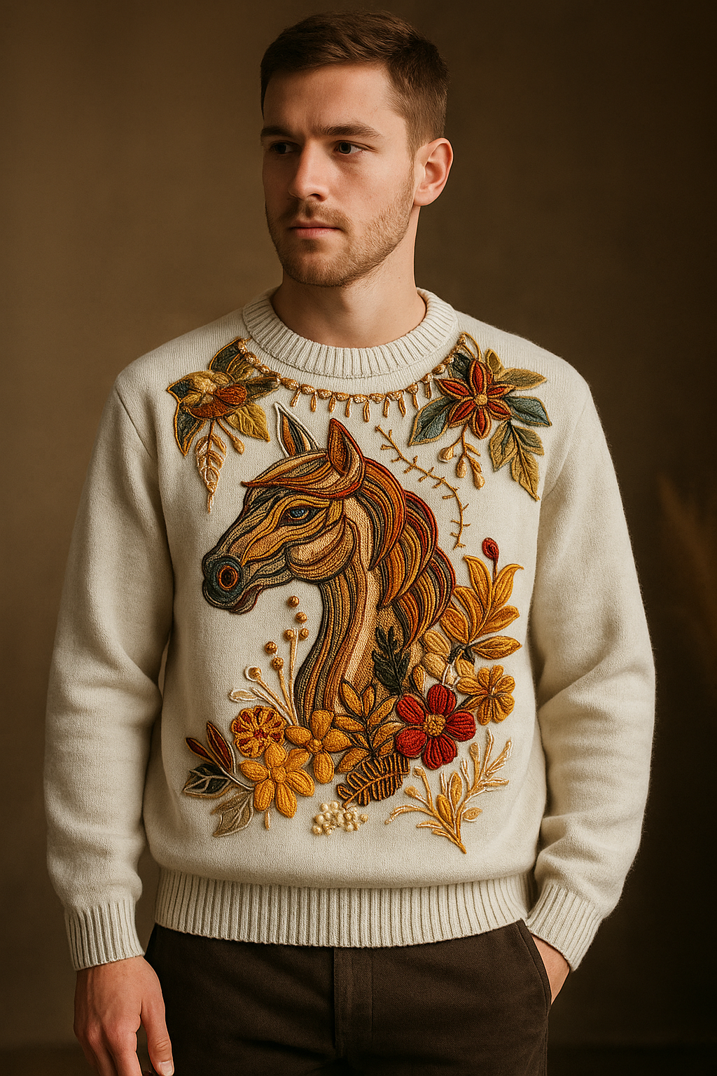 Vintage Embroidered Horse Sweater – Floral Boho Knit Pullover (Unisex Rustic Western Aesthetic)