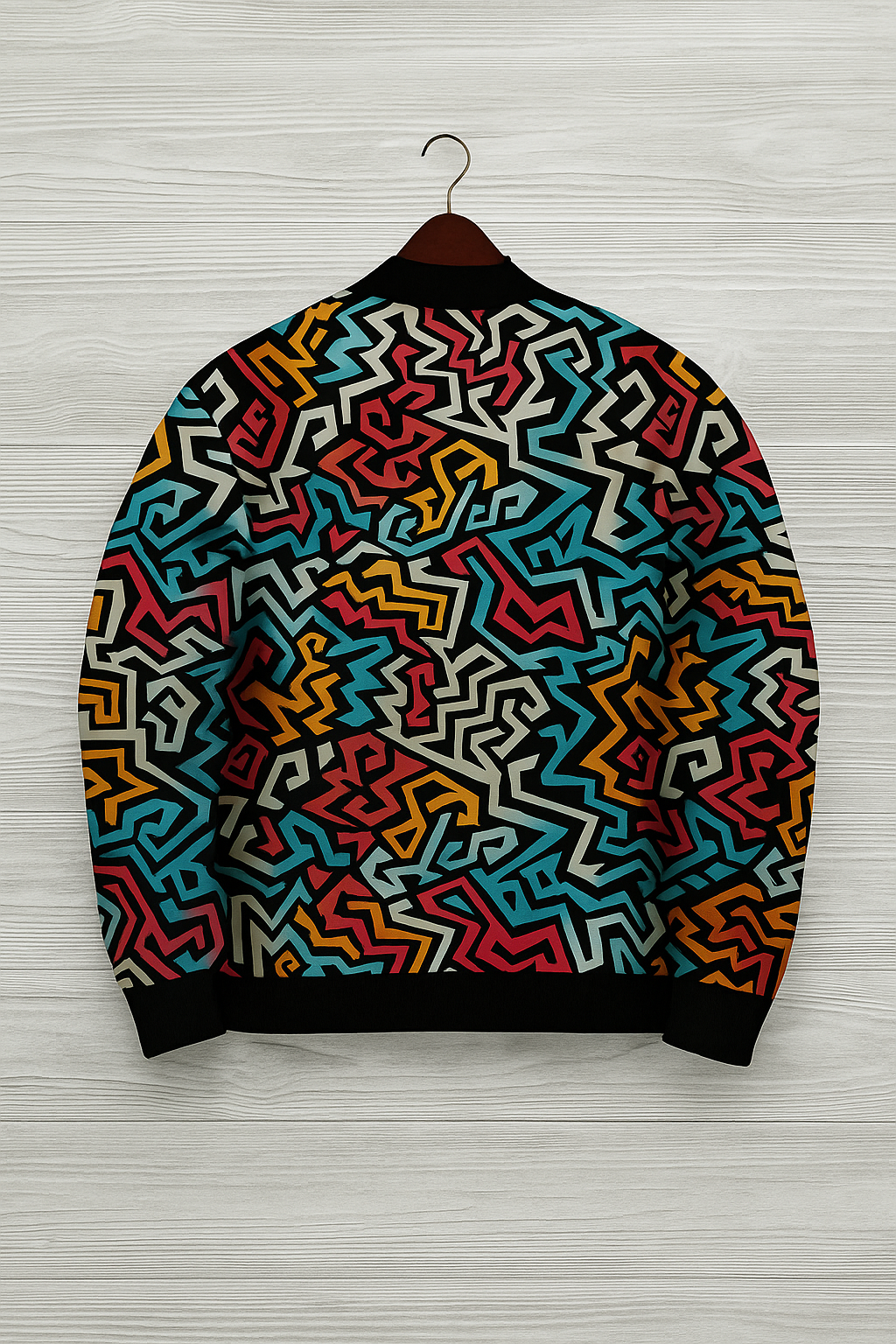 Geometric Multicolor Maze Bomber Jacket – Abstract Street Art Pattern | Unisex Zip-Up Jacket