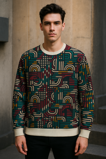 Retro Geometric Pattern Sweatshirt – Vintage Abstract Unisex Pullover | 70s-Inspired Streetwear Crewneck
