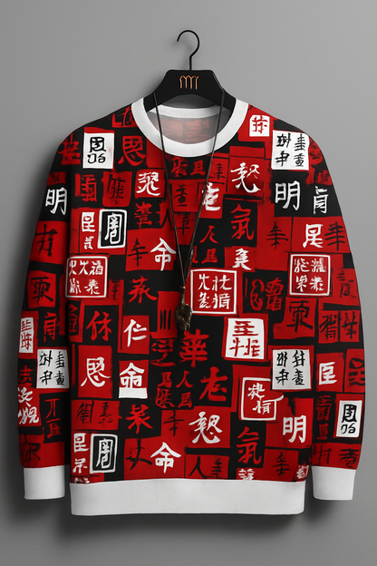 Red & Black Calligraphy Print Sweatshirt – Asian Symbol Pattern All-Over Graphic Unisex Pullover