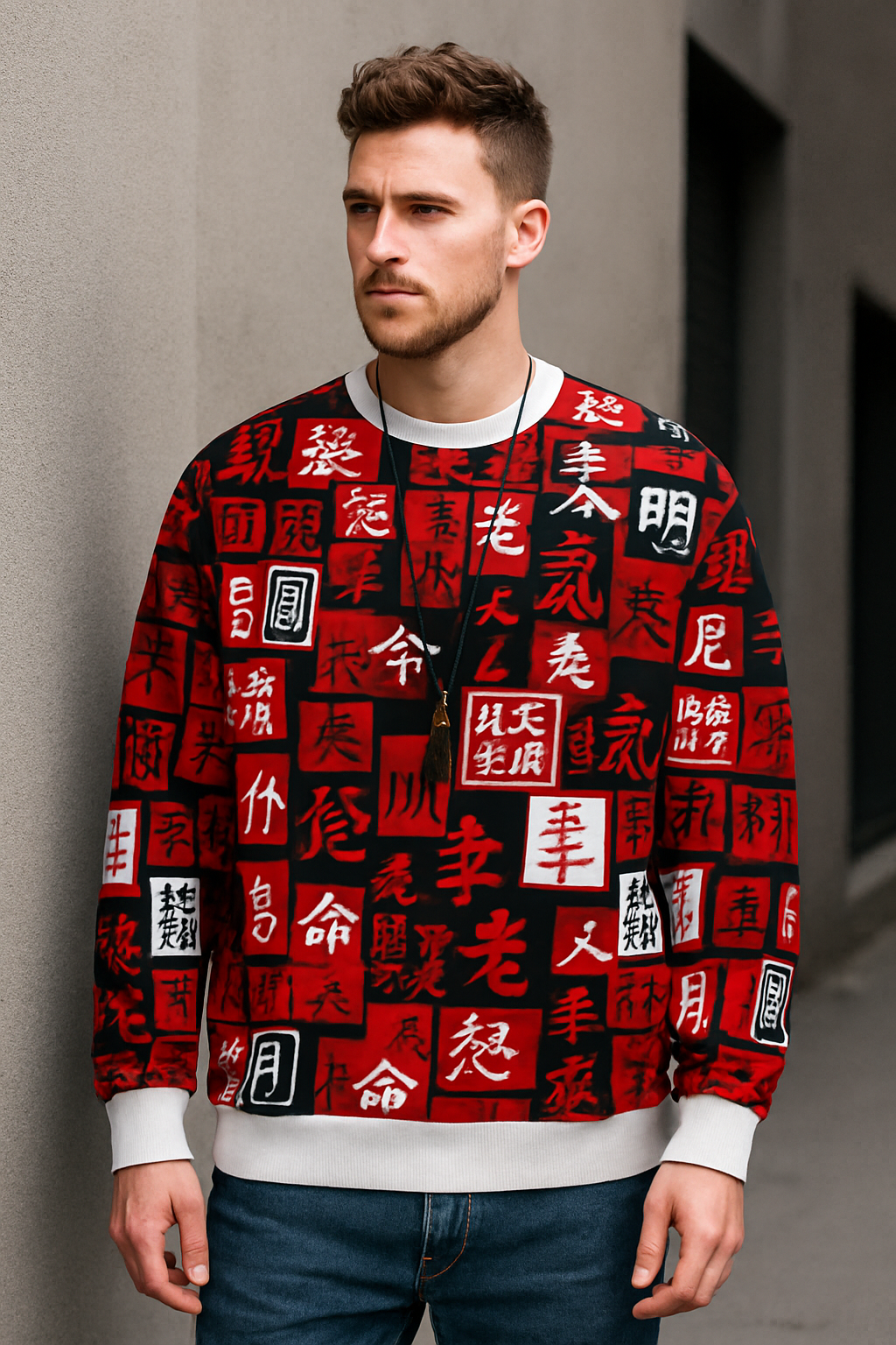 Red & Black Calligraphy Print Sweatshirt – Asian Symbol Pattern All-Over Graphic Unisex Pullover