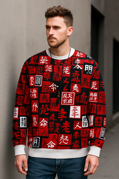 Red & Black Calligraphy Print Sweatshirt – Asian Symbol Pattern All-Over Graphic Unisex Pullover