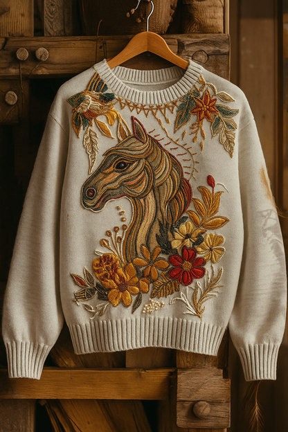 Vintage Embroidered Horse Sweater – Floral Boho Knit Pullover (Unisex Rustic Western Aesthetic)
