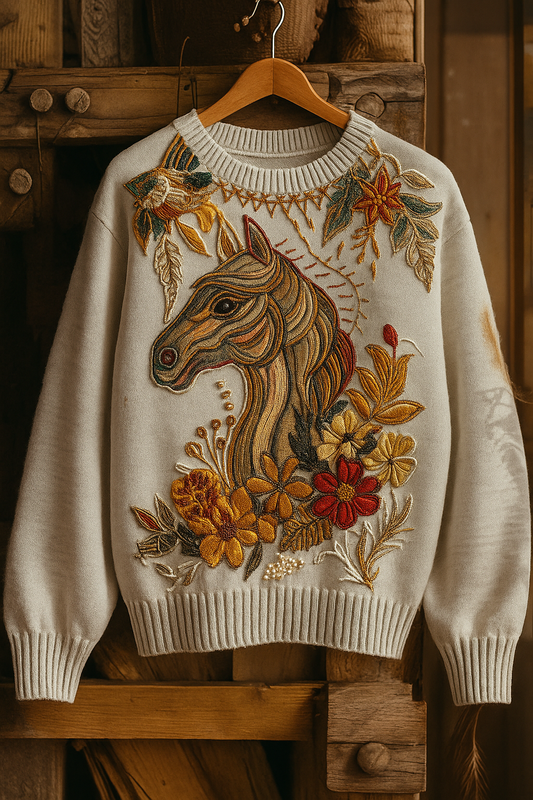 Vintage Embroidered Horse Sweater – Floral Boho Knit Pullover (Unisex Rustic Western Aesthetic)