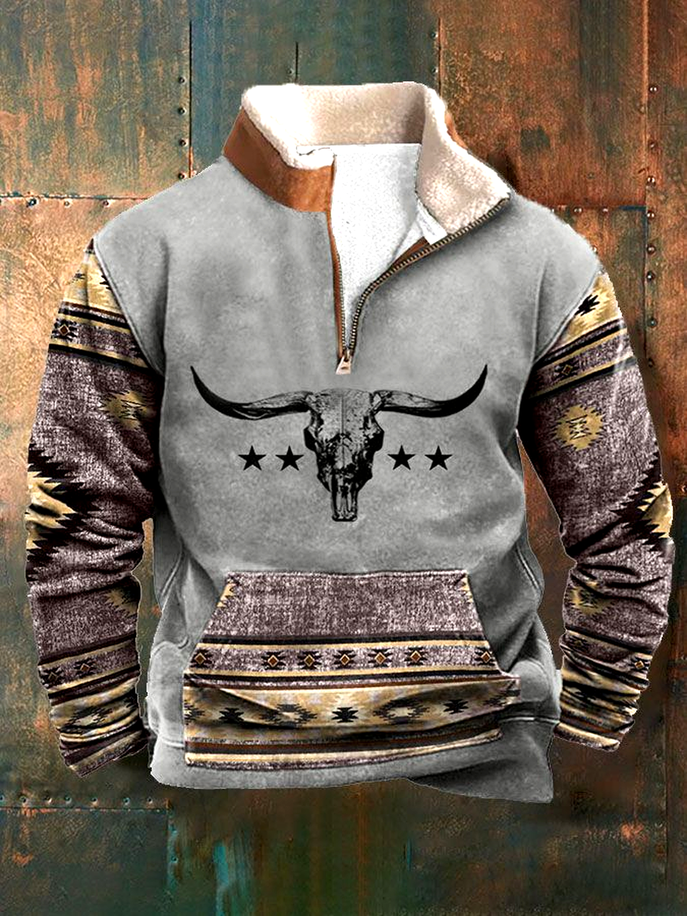 Western Aztec Quarter-Zip Pullover – Longhorn Skull Graphic | Southwest Fleece Lined Hoodie