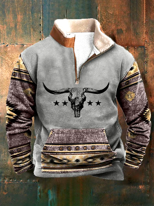 Western Aztec Quarter-Zip Pullover – Longhorn Skull Graphic | Southwest Fleece Lined Hoodie