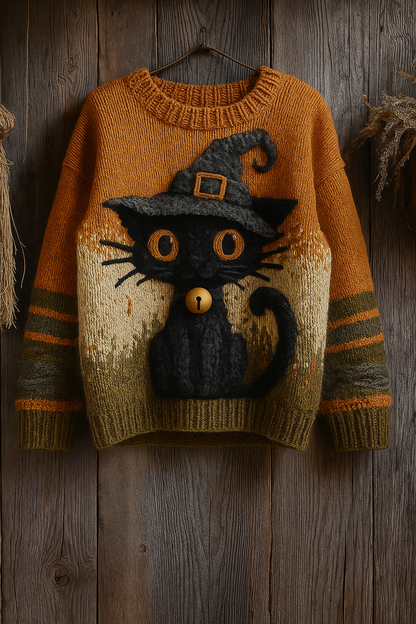 Witch Hat Black Cat Sweater – Cozy Halloween Knit Pullover | 3D Textured Cat Design | Autumn Unisex Sweater