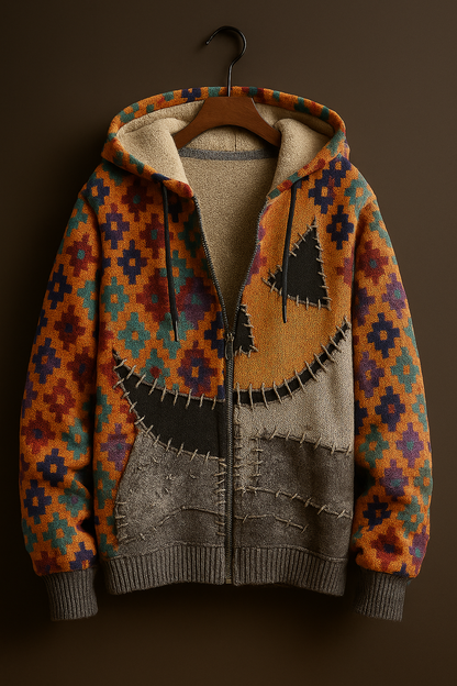 Rustic Patchwork Pumpkin Hoodie – Vintage Tribal Fleece Zip-Up Jacket for Men