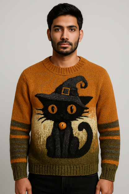 Witch Hat Black Cat Sweater – Cozy Halloween Knit Pullover | 3D Textured Cat Design | Autumn Unisex Sweater