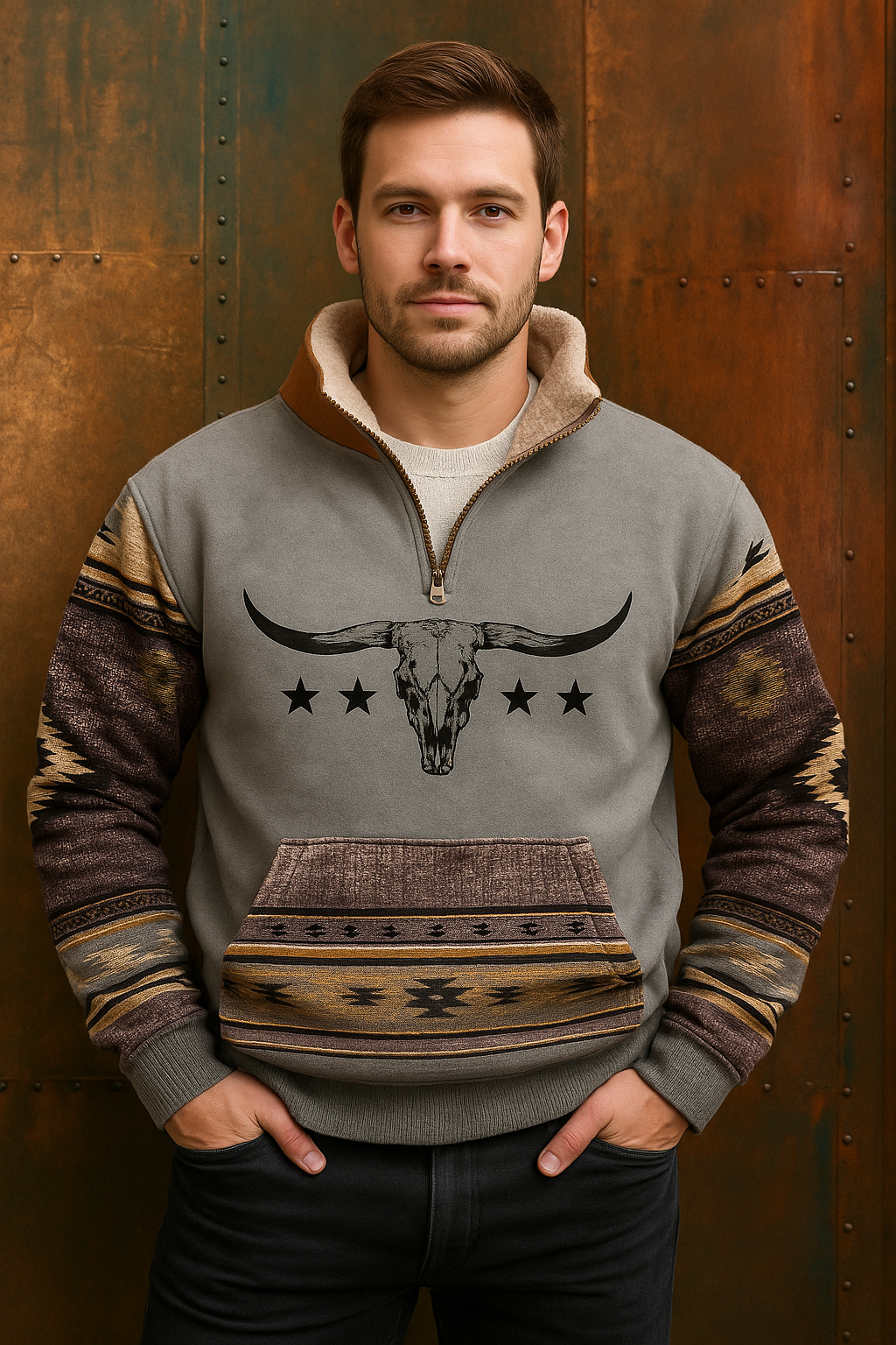 Western Aztec Quarter-Zip Pullover – Longhorn Skull Graphic | Southwest Fleece Lined Hoodie