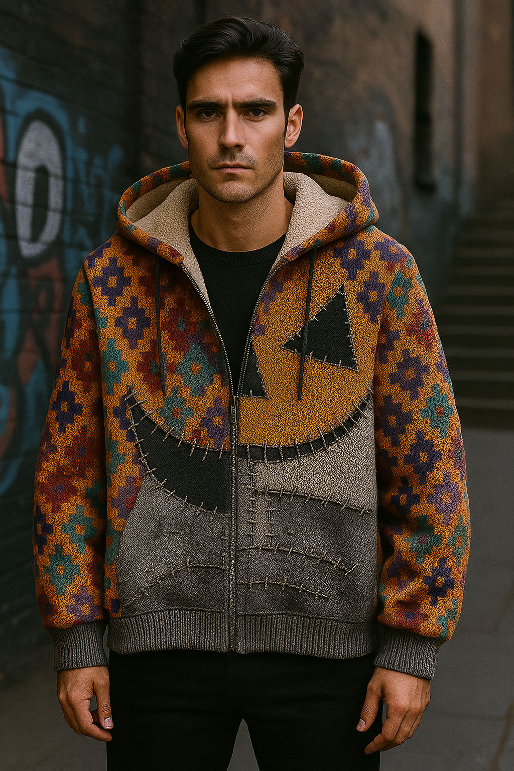 Rustic Patchwork Pumpkin Hoodie – Vintage Tribal Fleece Zip-Up Jacket for Men