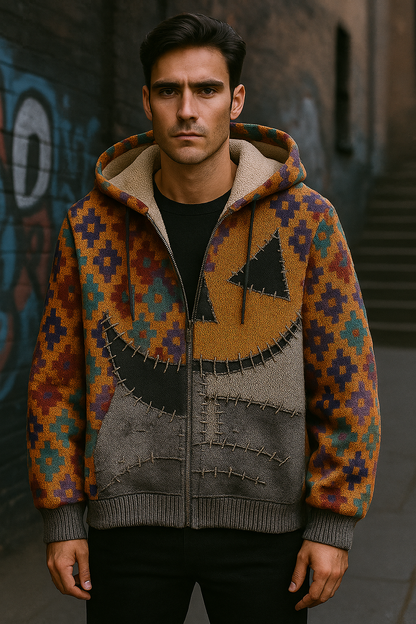 Rustic Patchwork Pumpkin Hoodie – Vintage Tribal Fleece Zip-Up Jacket for Men