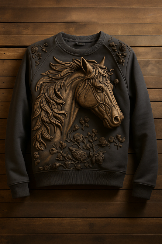 3D Embossed Horse Sweatshirt – Luxury Sculpted Horse Design Pullover | Premium Artistic Unisex Sweater