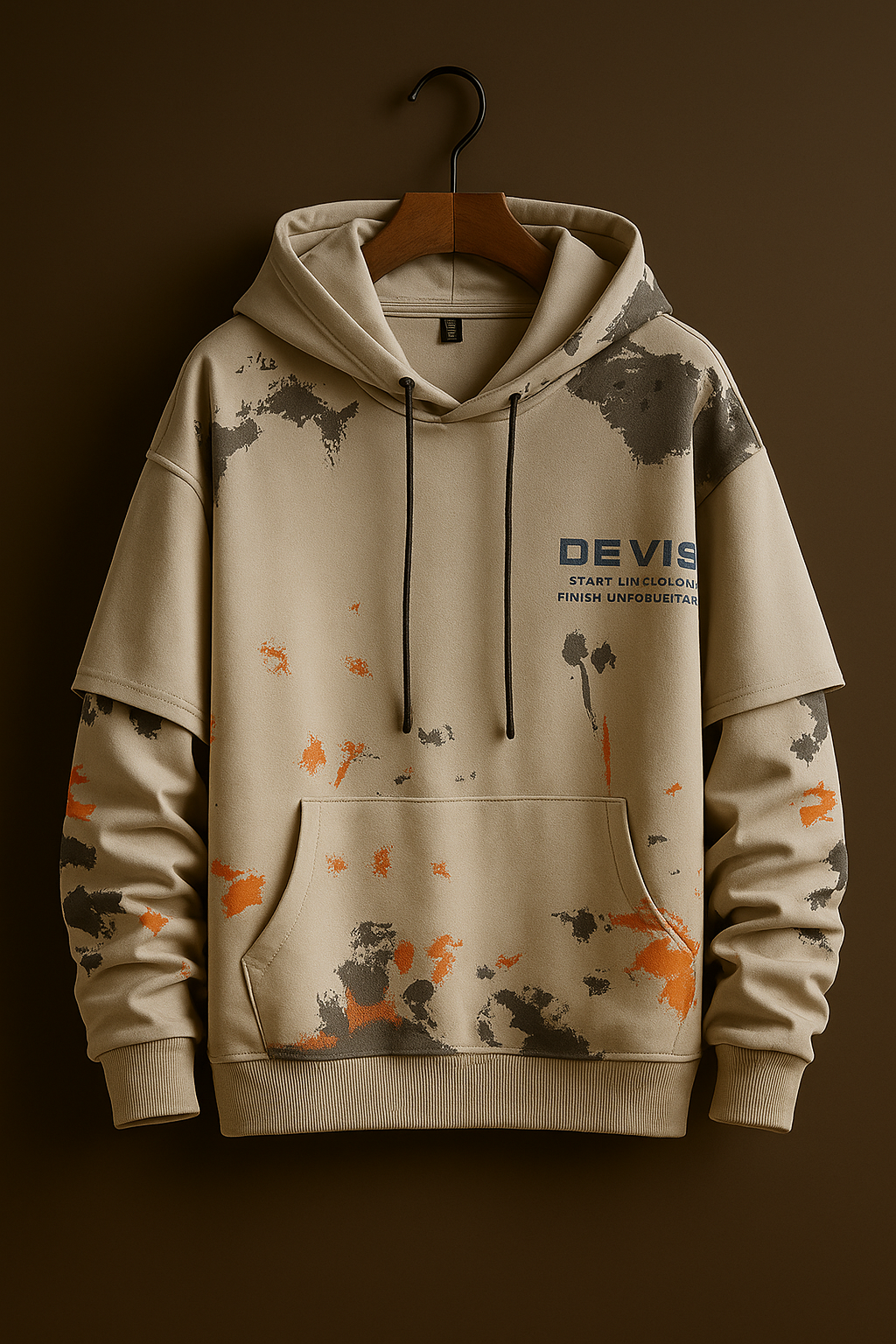Beige Paint-Splatter Hoodie – Streetwear Oversized Layered Sleeve Sweatshirt