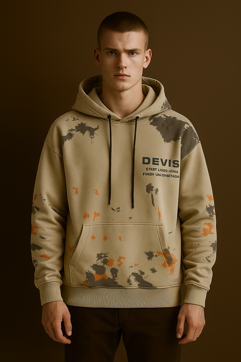 Beige Paint-Splatter Hoodie – Streetwear Oversized Layered Sleeve Sweatshirt
