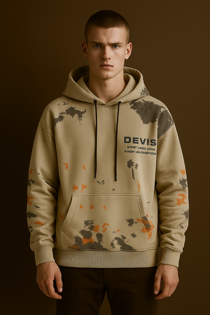 Beige Paint-Splatter Hoodie – Streetwear Oversized Layered Sleeve Sweatshirt
