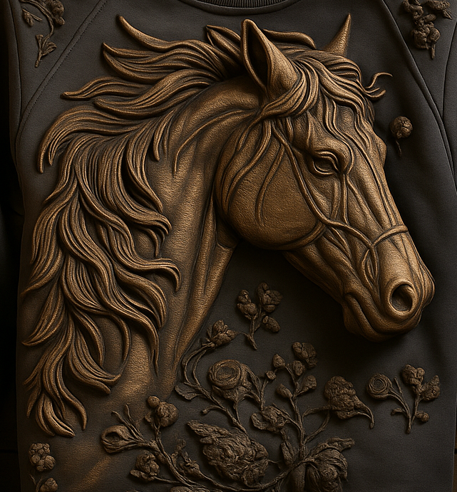3D Embossed Horse Sweatshirt – Luxury Sculpted Horse Design Pullover | Premium Artistic Unisex Sweater