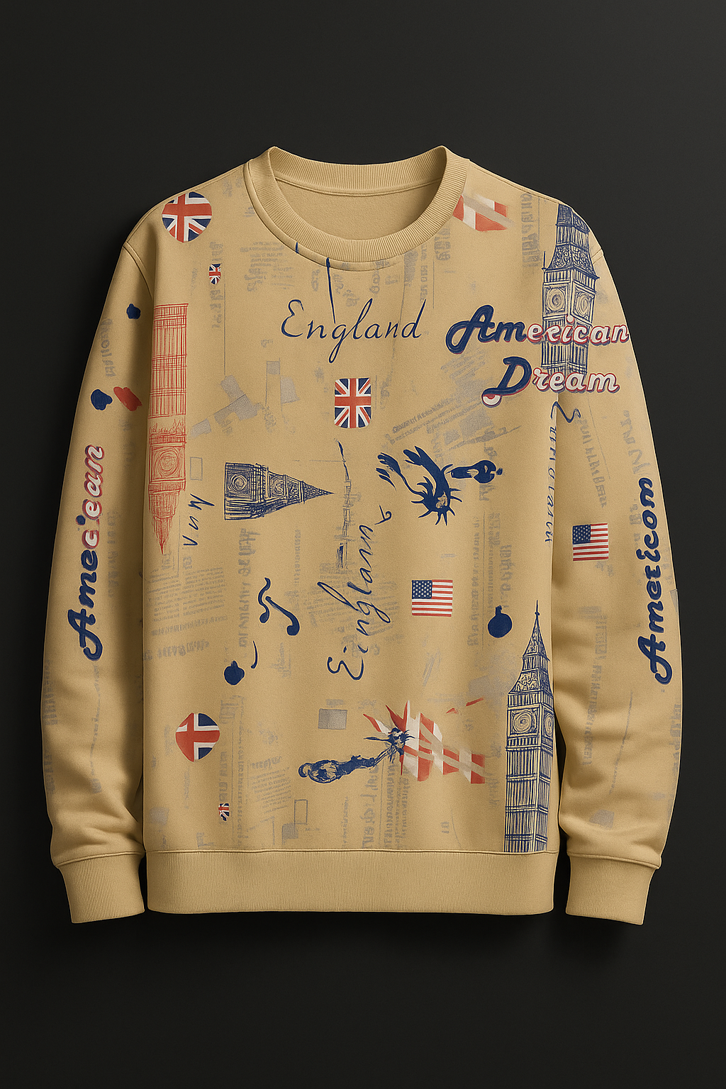 England x American Dream Sweatshirt – Vintage Travel Print Unisex Crewneck | Big Ben, UK & USA Flag Retro Pullover