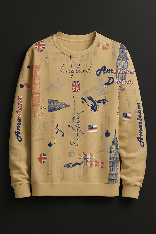 England x American Dream Sweatshirt – Vintage Travel Print Unisex Crewneck | Big Ben, UK & USA Flag Retro Pullover