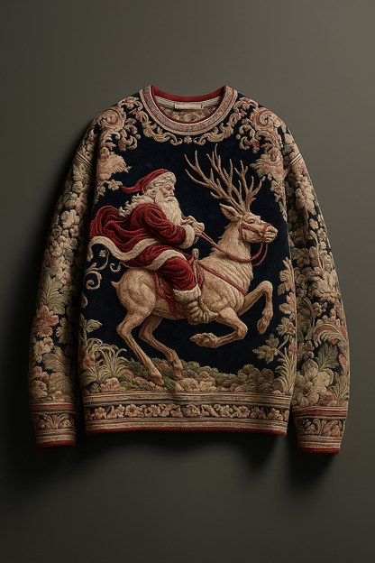 Luxury Tapestry Christmas Sweater – Vintage Woven Holiday Pullover with Reindeer Scene (Unisex)