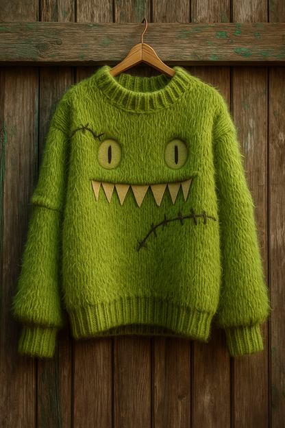 Green Fuzzy Monster Sweater – Cute Creepy Knit Pullover with Teeth & Stitches | Fluffy Halloween Jumper | Cozy Unisex Fall Sweater