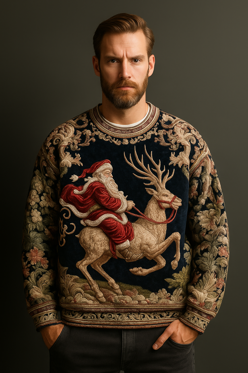 Luxury Tapestry Christmas Sweater – Vintage Woven Holiday Pullover with Reindeer Scene (Unisex)