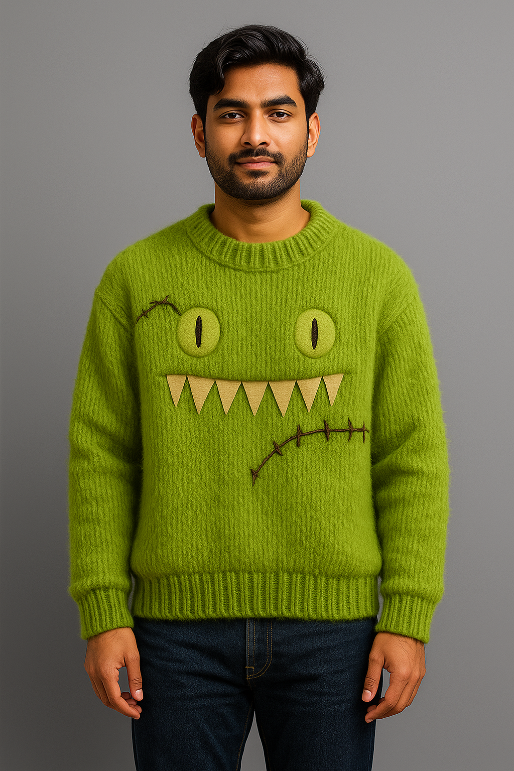 Green Fuzzy Monster Sweater – Cute Creepy Knit Pullover with Teeth & Stitches | Fluffy Halloween Jumper | Cozy Unisex Fall Sweater