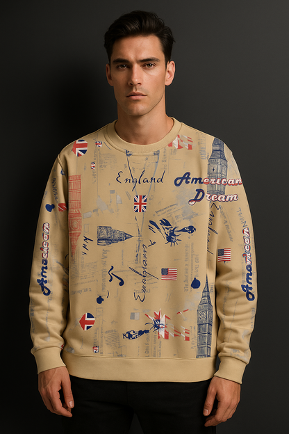 England x American Dream Sweatshirt – Vintage Travel Print Unisex Crewneck | Big Ben, UK & USA Flag Retro Pullover