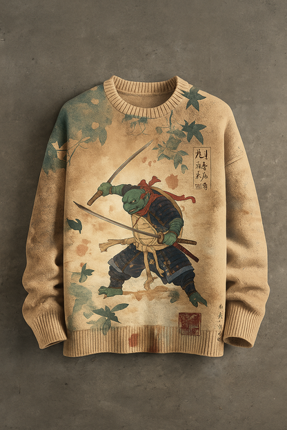 Vintage Japanese Art Warrior Turtle Sweatshirt – Unisex Retro Samurai Style Pullover (Beige)