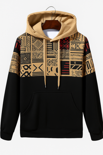 Tribal Geometric Patchwork Hoodie – Black & Tan Ethnic Pattern Pullover for Men